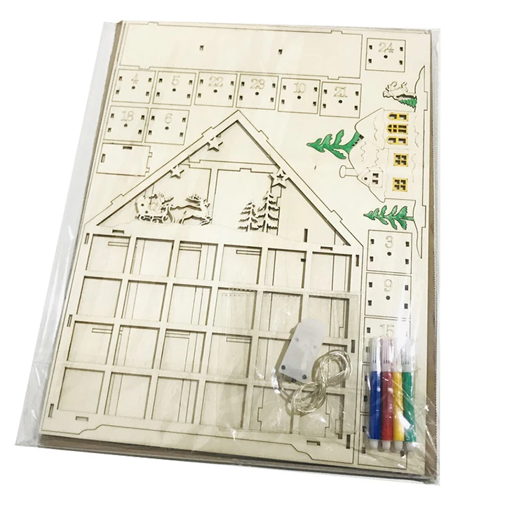 2025 New Trend 24 Drawers Christmas Advent Calendar Led Light wooden laser cut Count Advent Calendar with Tree House Village