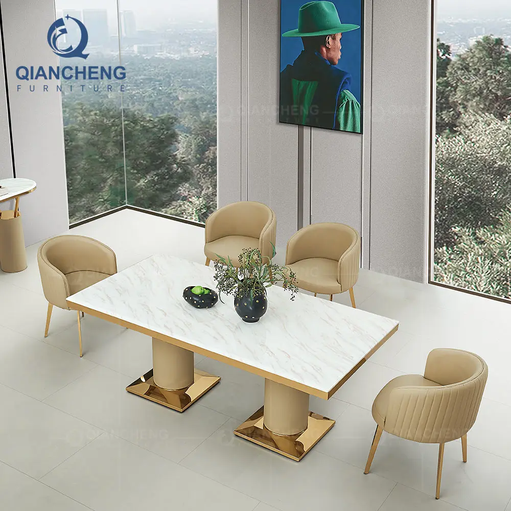 Foshan luxury high end design furniture house dinning room set natural cave stone marble dining table with chair genuine leather