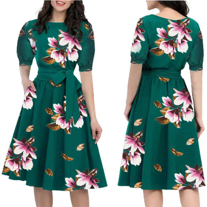 Floral Print Vintage Dress Women Spring Style Half Sleeve Big Swing Party Dresses women ladies elegant Casual Dress