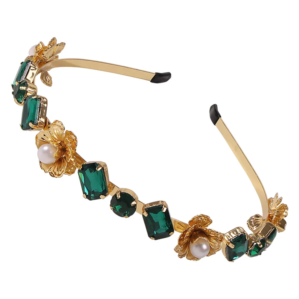 Luxury Hair Accessories Square Round Thin Metal Head Hoop Crystal Diamond Headband For Women Flower With Pearl