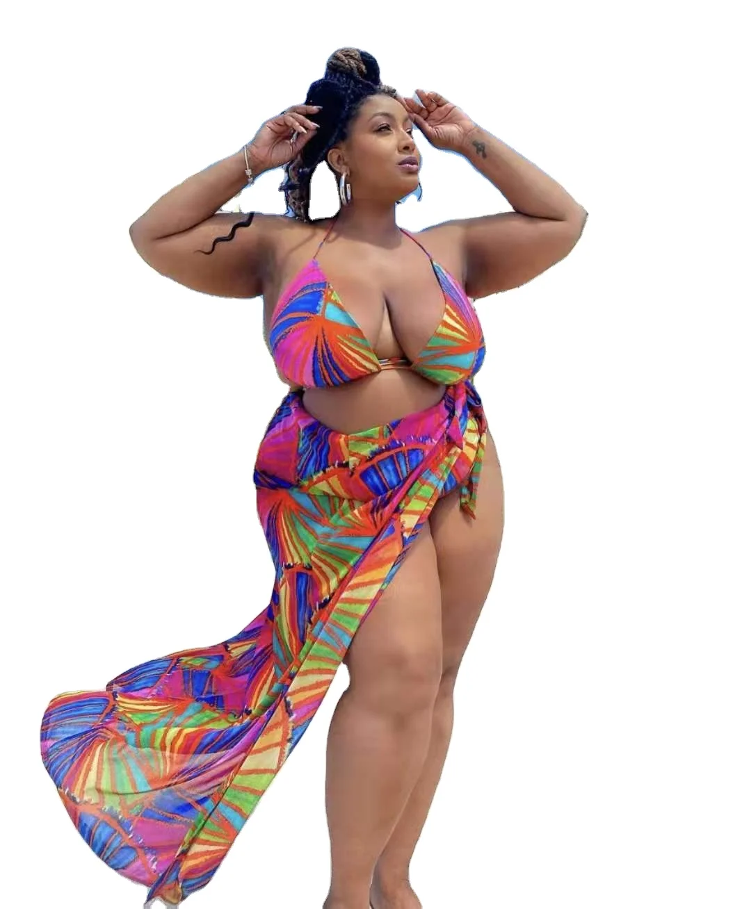 2021 new trendy plus size 3 piece swimsuits 4XL women bikini set and cover ups beachwear