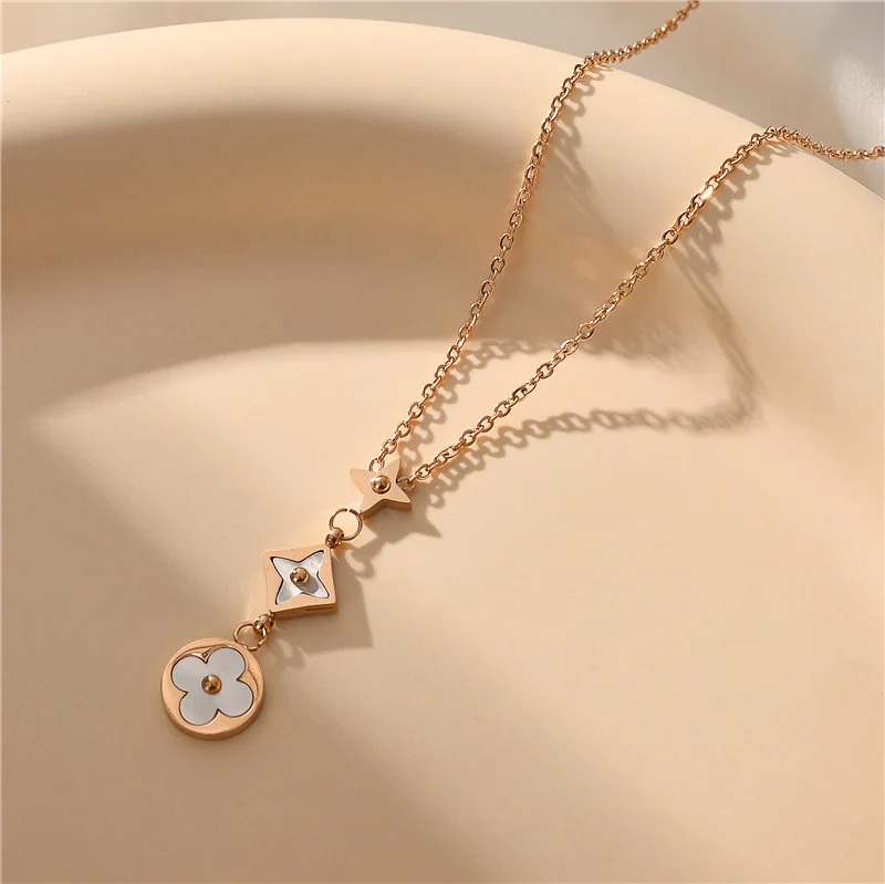 
White shell new trendy clove choker rose gold lucky stainless steel initial chain necklace women,Acrylic Chain 