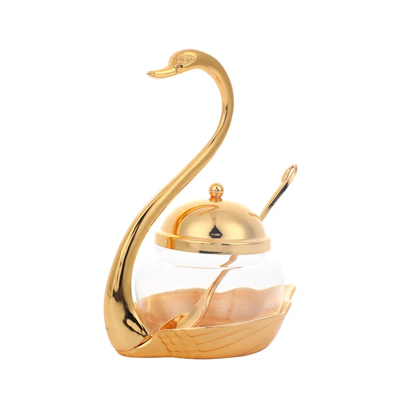 Vintage Popular Gold Swan Sugar Bowl Seasoning Jar Spice Saltcellar Glass Canister Set Kitchen Decoration Swan Seasoning Jars