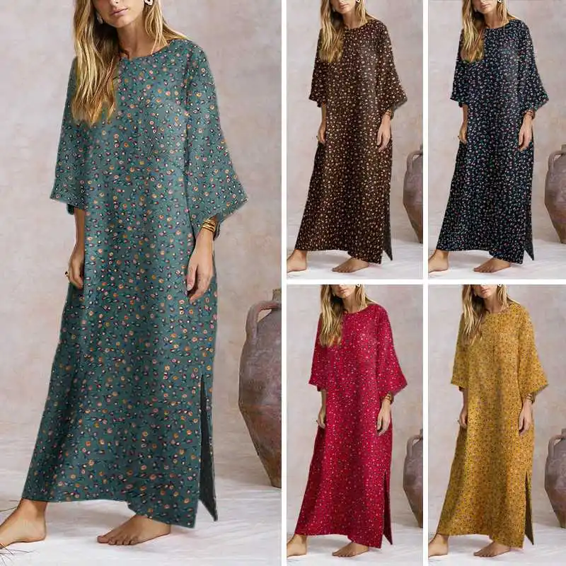 New Arrivals Fall Round Neck Print Retro Style Long Sleeve Fashion Luxury Floral Long Dresses Women Maxi Casual 2021 Wholesale