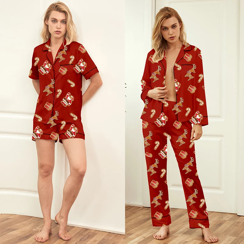 2021 New satin christmas sleepwear long -pants set 4 pieces pajamas set custom pajama set