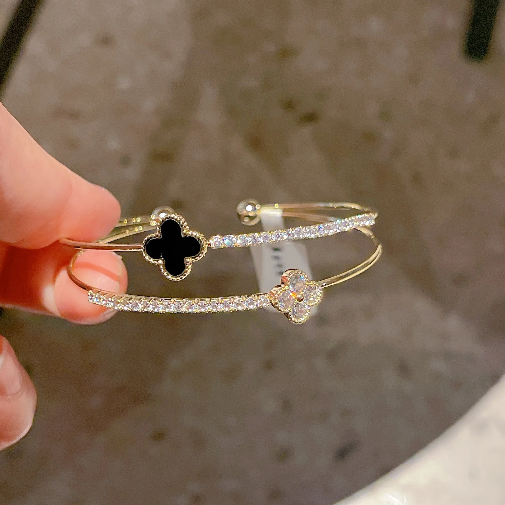 New Exquisite Fine Jewelry Bracelets Bangles 14k Gold Double Layer Clover Bracelet Elegant Zirconia Flower Lucky Charm Bracelet