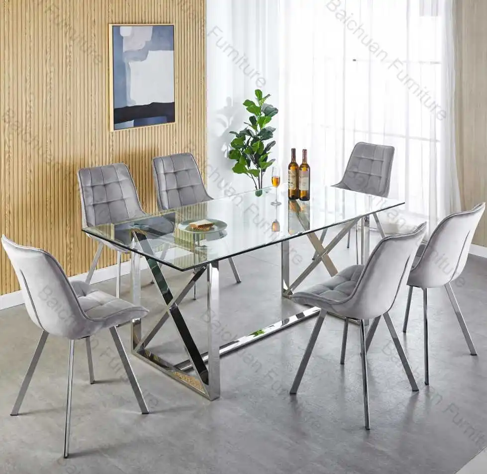 2024 European Italian luxury Stainless Steel glass dining table for dining room furniture 1+4 And 1+6 dining sets