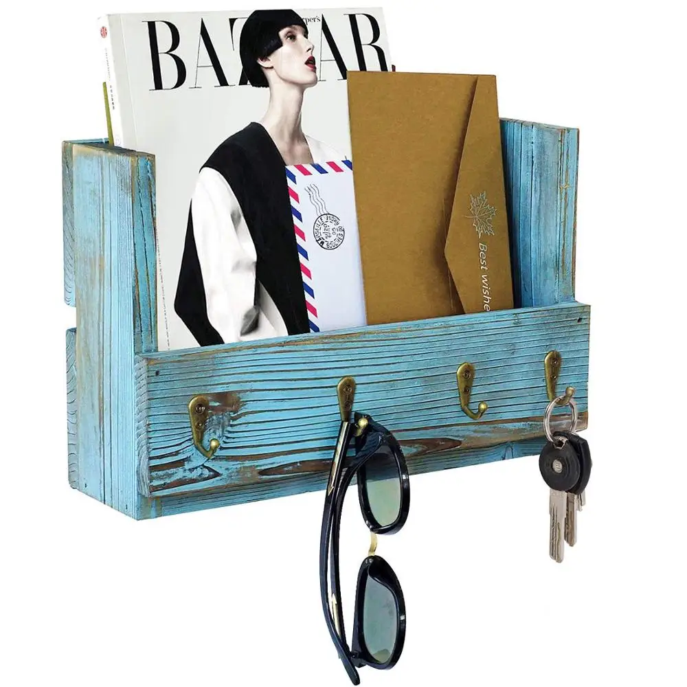 Shelf 27x7x17 Inch Wall Mount Mail Holder with 4 Key Hooks Rustic Wooden Solid Wood Living Room Furniture Accepatble Customized