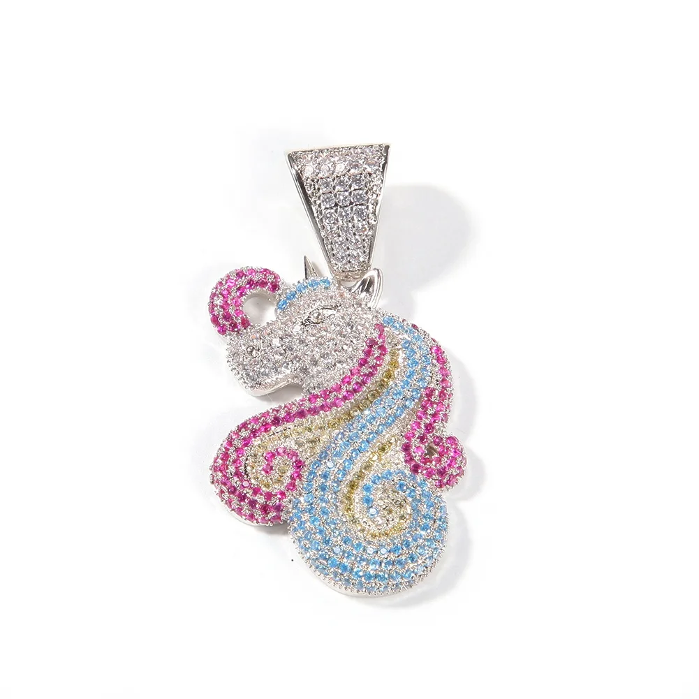 2021 Hot Selling Colorful Cartoon Unicorn Pendant Necklace Full Diamond Chain Charm Necklace Rapper Jewelry For Lovers