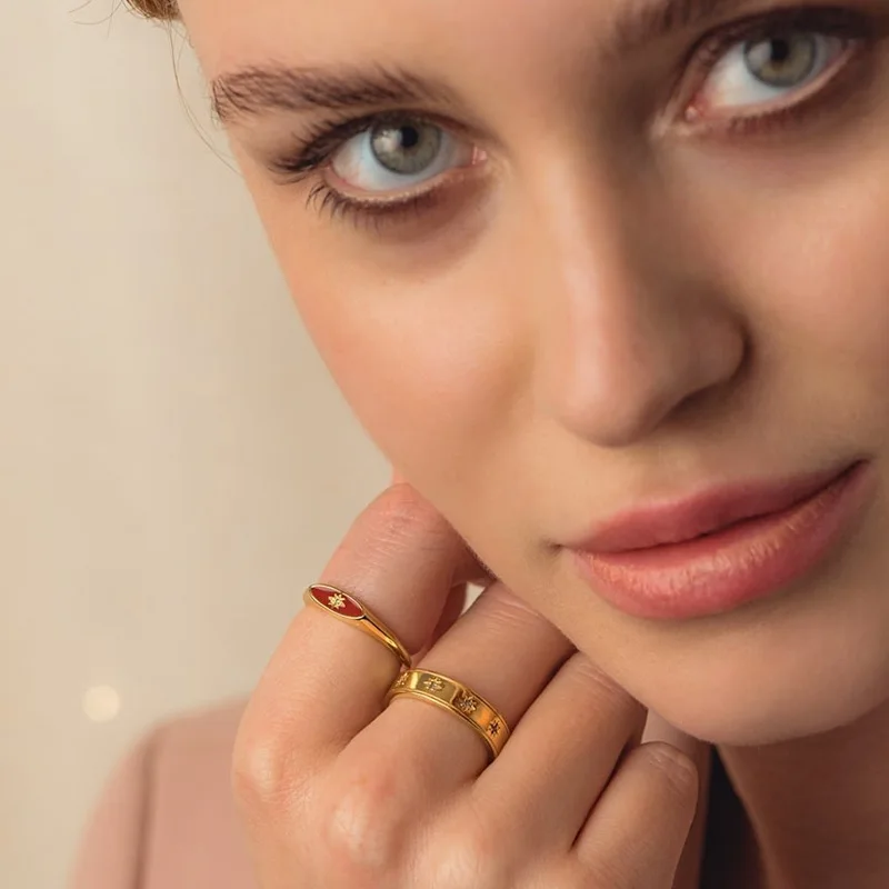 Joolim Jewelry Wholesale 18K Gold Plated Zirconia Star Surround Stainless Steel Band  Ring for Women Jewelry