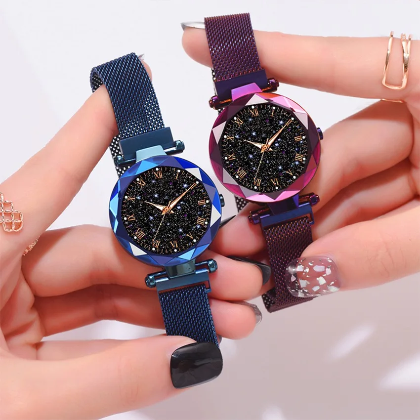 
Luxury Mesh Ladies Clock Magnet Buckle Starry Diamond Geometric Surface Casual Dress Quartz Wristwatch Women Watches Rose Watch 