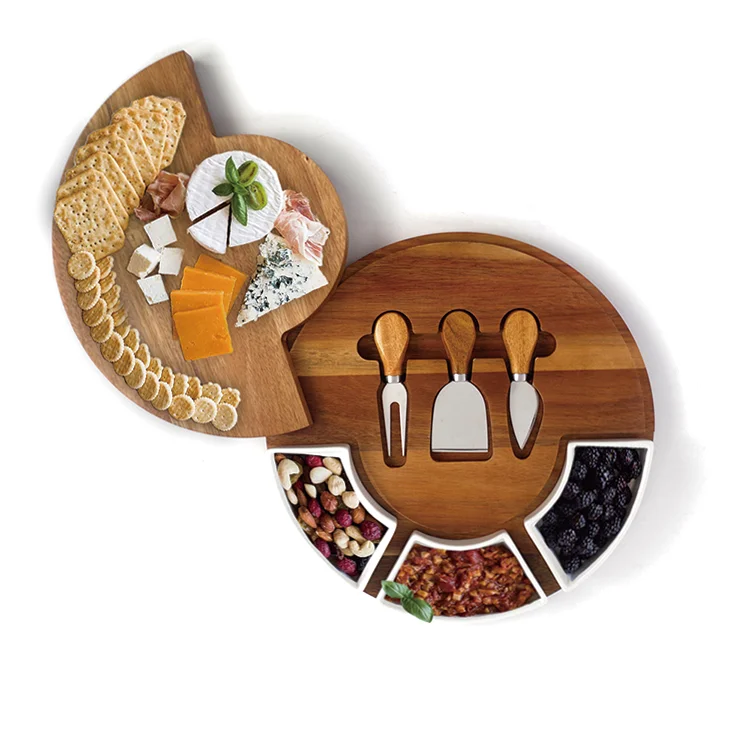 Round Cheese Tool Set Wooden Cheese Board With Cheese Knife And Bowls Server Plate