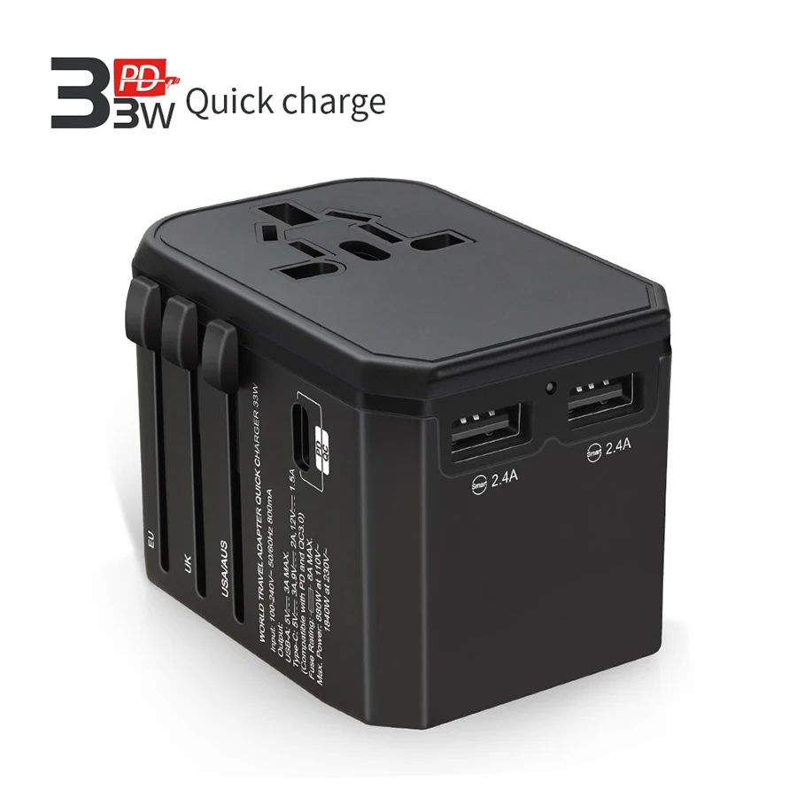 Universal USB Travel Adapter 12V Power Plug 33W 3 Port PD Type C QC Cell Phone CE