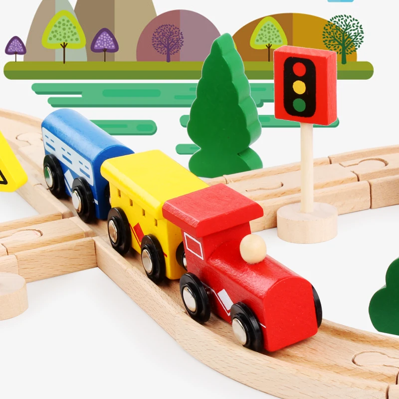 High Quality 32Pcs Wooden Train Set with Wood train and car,Excellent Wooden Urban Rail Transit Educational Toys for Kids