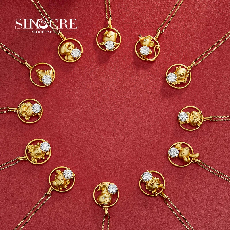 SINOCRE Latest Dog Lotus Pendant Gold TRENDY Pure Iced Out 18K Initial Necklace Twelve Zodiac Signs Animals