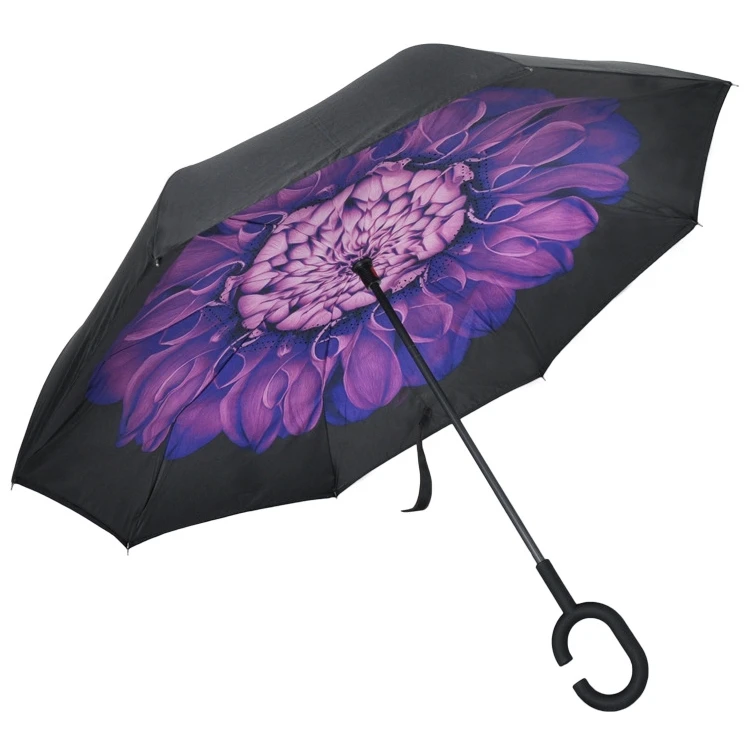 Custom Inverse Car Umbrella with Logo Double Layer Inside Out C Shape Handle Design Inverted Reverse Rain Umbrella