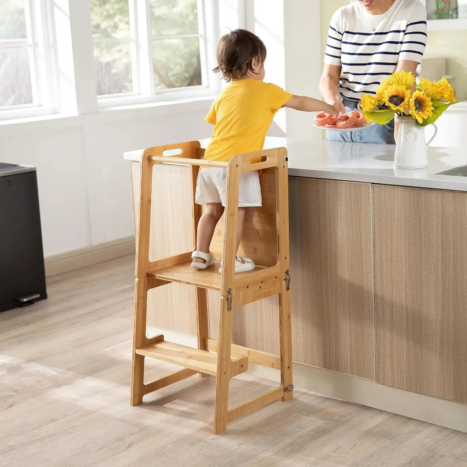 4-in-1 Bamboo Kitchen Learning Helper Stool Ottoman with Chalkboard Desk Table Standing Tower for Toddlers Kids