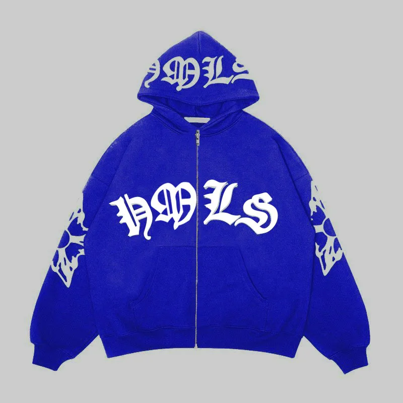 Xmas Y2k Zip Up Hoodie Harajuku 3d Letter Puff Print Hoodies Long Sleeve Sweatshirts Gothic Punk Y2k Full Zip Up Hoodie