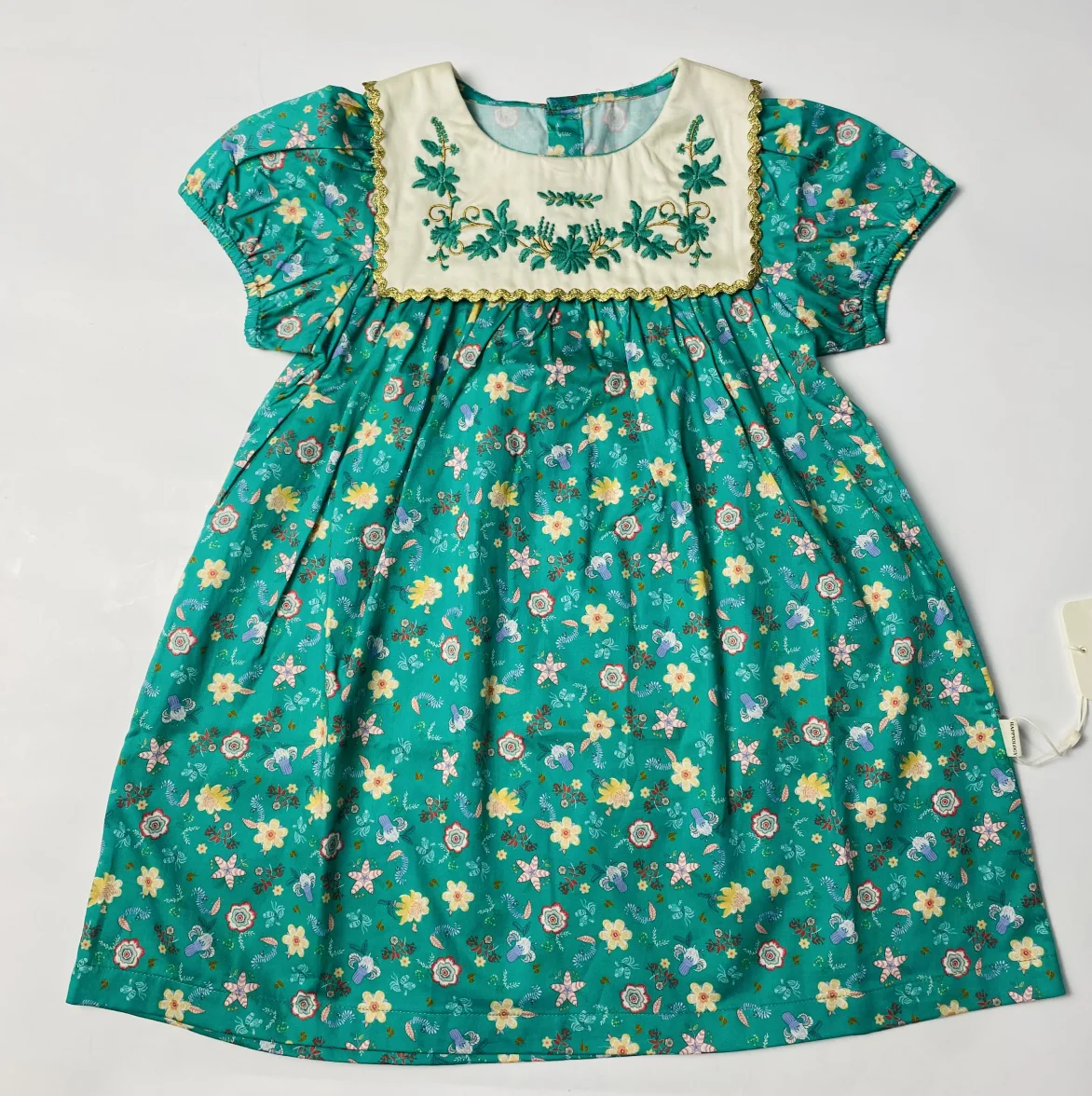 Customized Logo Baby Girls Summer Fashion Design Flower Printed Dress Organic Cotton Embroidery Puff Short Sleeve Cute Dress