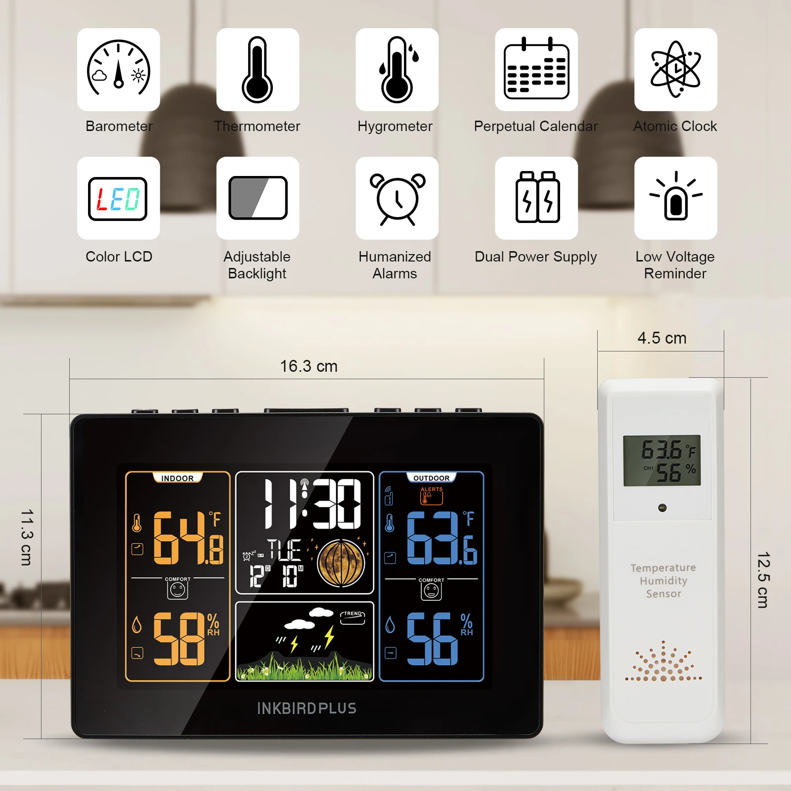 INKBIRD Factory Price Evertop Home Color Digital Thermometer Humidity Sensor Wireless Weather Station Clock with USB Charging