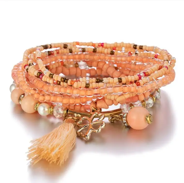 Богемные ювелирные изделия для рук из натурального камня, рисовые бусины, кулон с кисточкой в виде клевера, набор для смешивания и сочетания браслетов