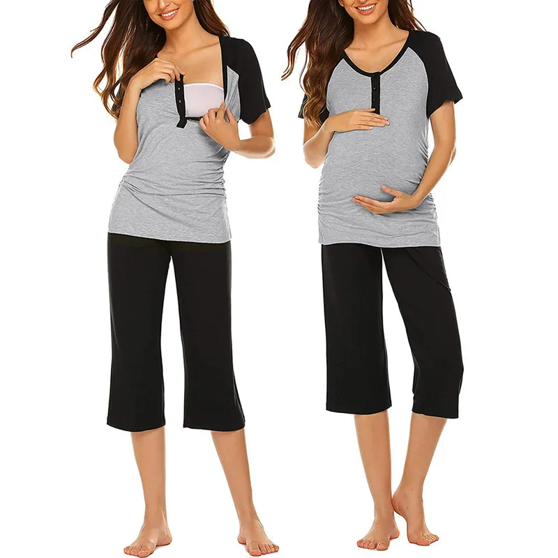 
Maternity Pajamas Short Sleeve Plus size 2XL Comfortable Wholesale Nursing Pajamas For Breastfeeding Hot Sale Sleepwear Two pcs 
