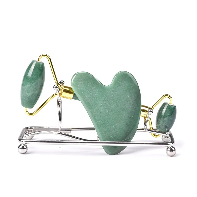 Green Jade Stone Face Beauty Massager Custom Logo 100% Natural Aventurine Jade Roller Gua Sha Set