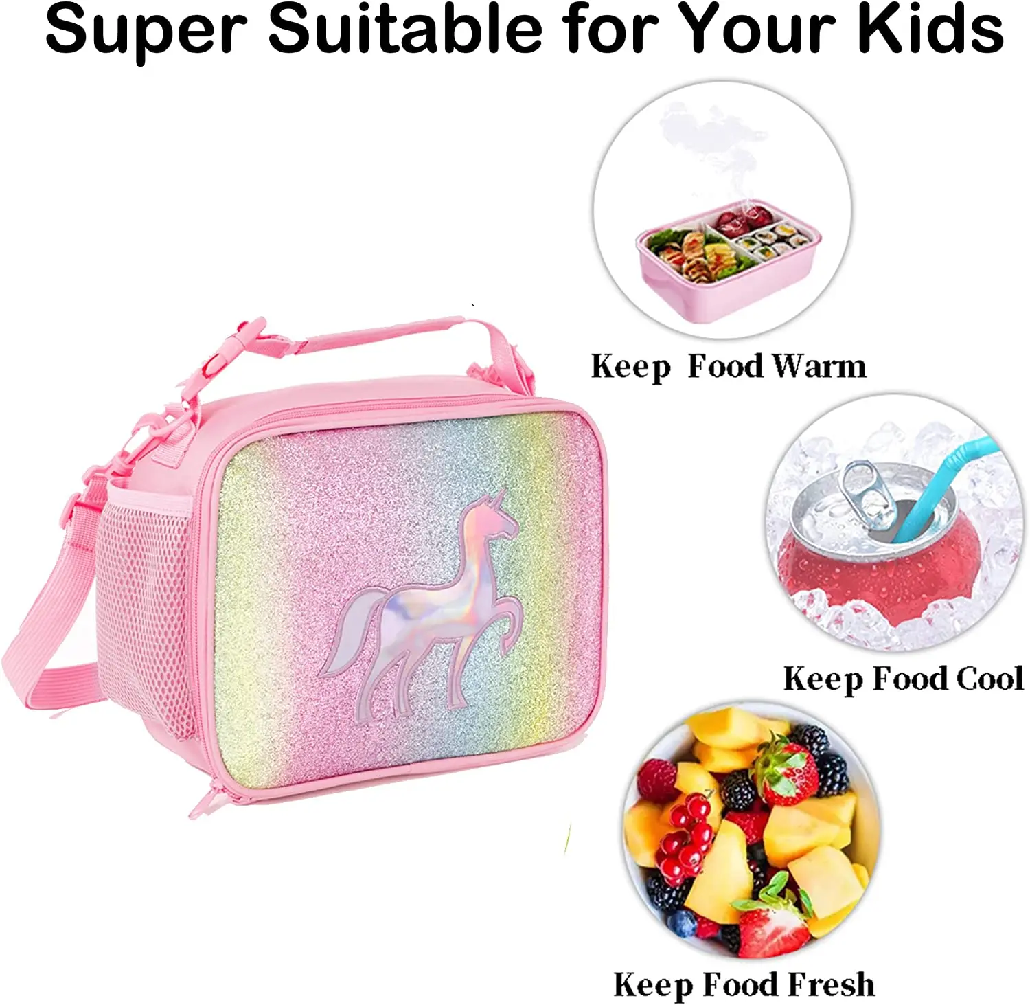 Kids Rainbow Lunch Box Girls Insulated Lunch Bag with Shoulder Strap Pocket Cooler Thermal Meal Lunch Tote Bag for School