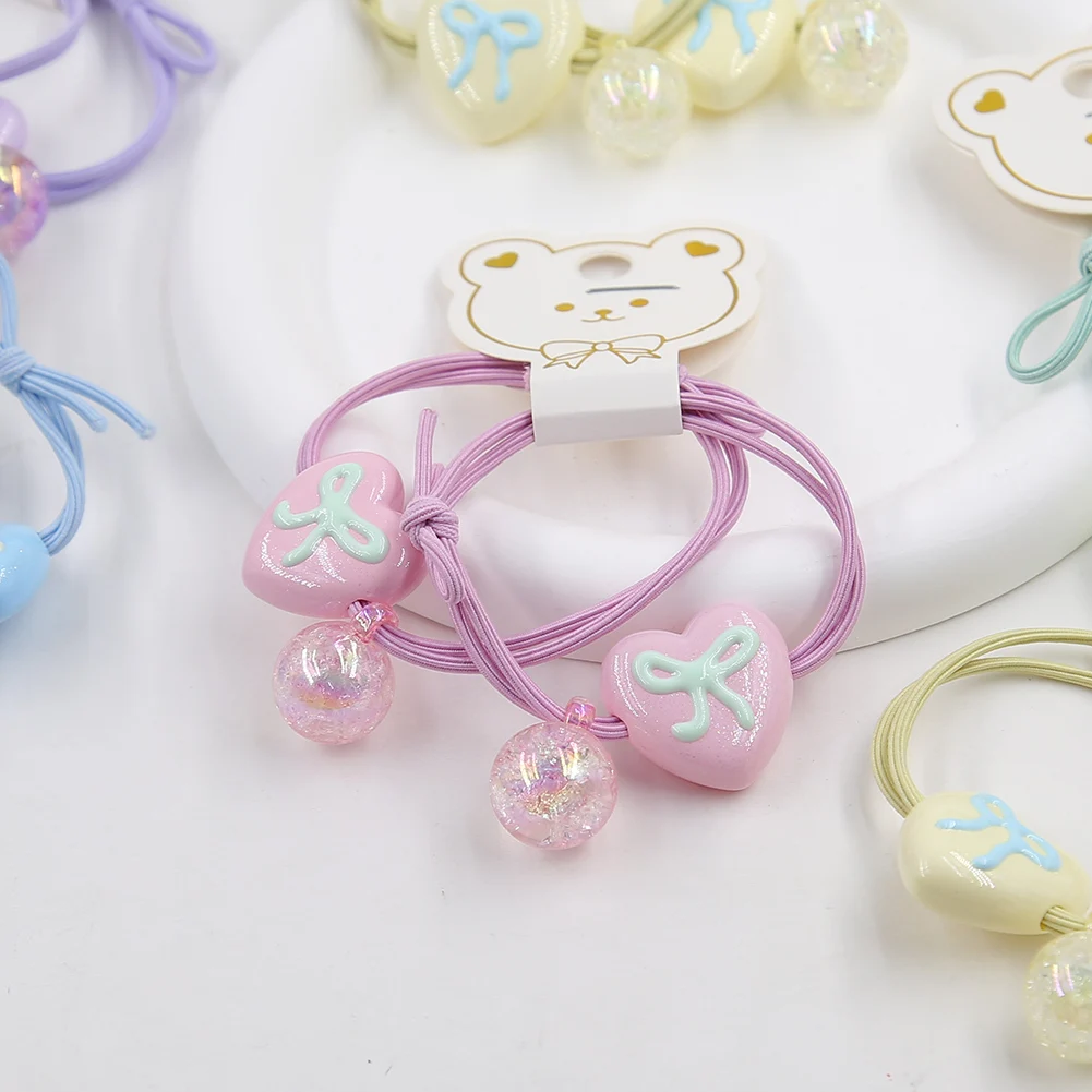 2Pcs/Card Fruit Knocker Balls Hair Ties Bows Heart Twin Bead Bubble Ponytail Holders Hair Rope For Kids Hair Accessories