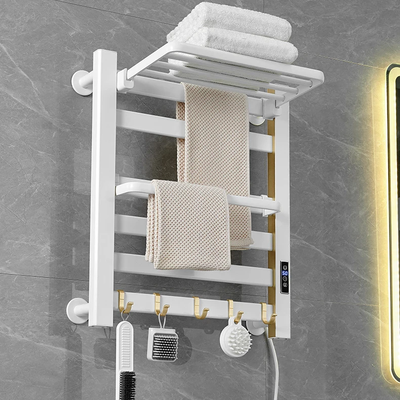 Aluminum Wall Mount Bathroom Electric Heated Towel Warmer Rack with Top Shelf