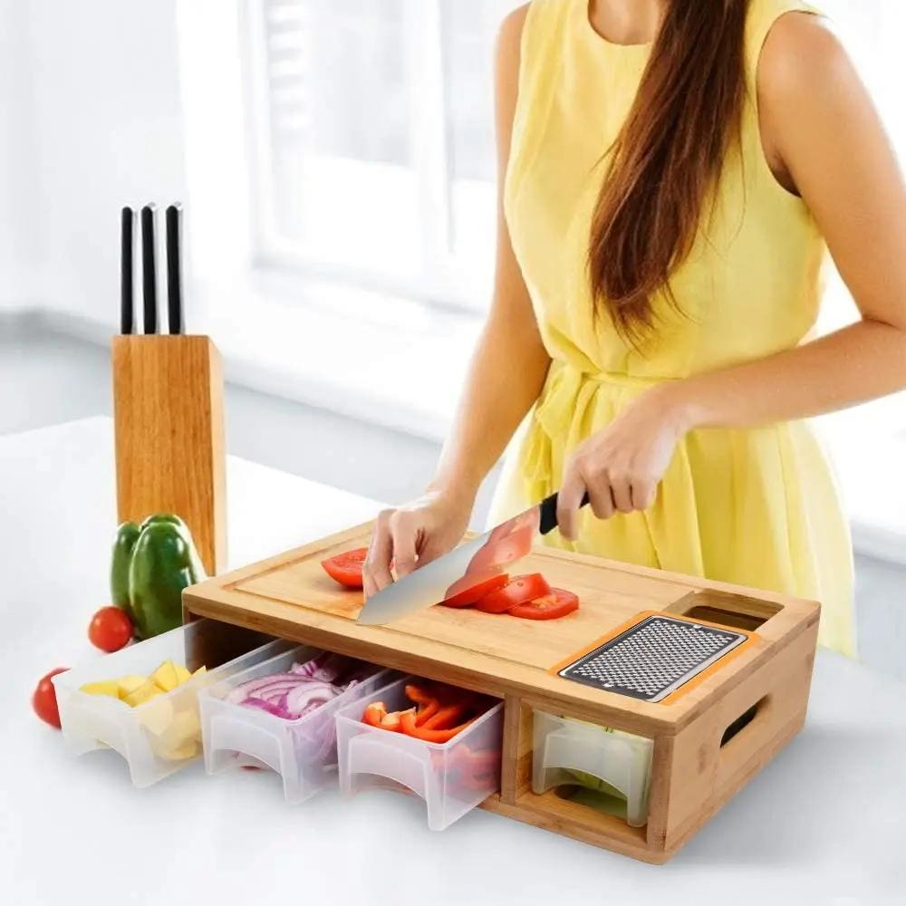 Kitchen Bamboo Chopping Cutting Board With Containers Block Cutting Board Tray Set With Juice Groove
