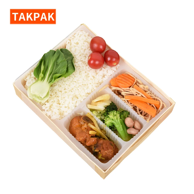 Biodegradable Wholesale Wooden Japanese Takeaway Food Packaging 4 Compartment Disposable Tiffin Bento Lunch Meal Box