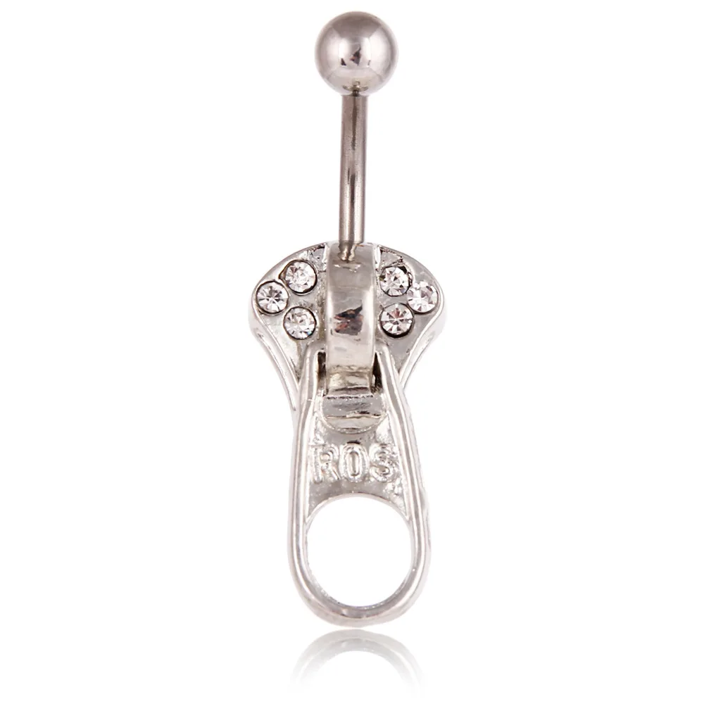 Fengshang New Design Jewelry Personalized Crystal Colorful Zircon Zipper Shape Stainless Steel Navel Piercing Jewelry