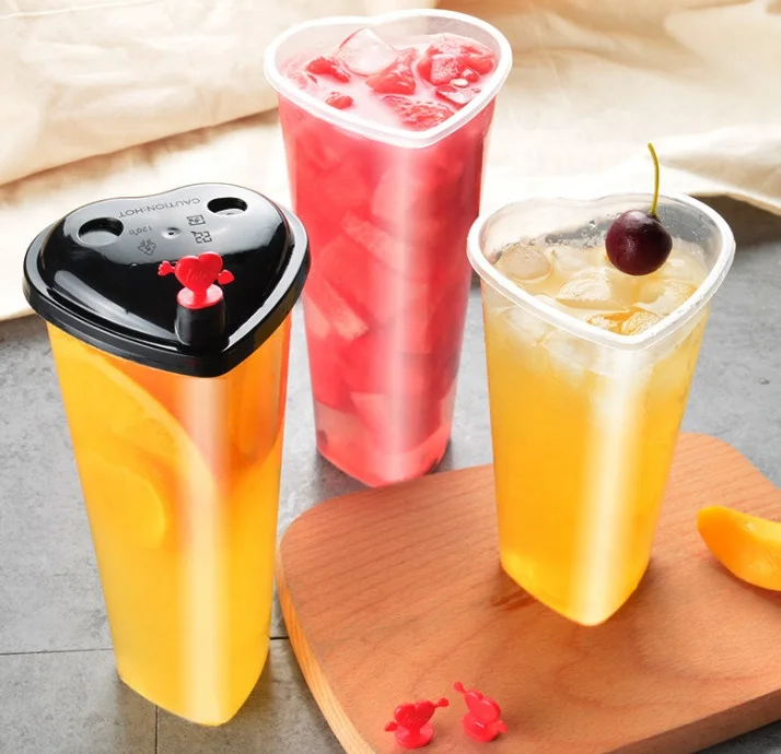 16oz 22oz Heart Shaped Boba Cup Disposable PP Plastic Injection Boba Bubble Tea Cup and Lid and Straw for Juice Milk Tea
