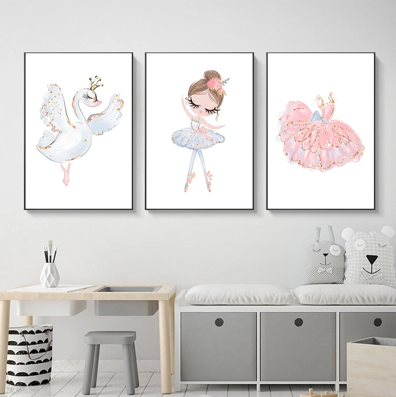 lovely dancing girl picture print on canvas wall art custom pink style painting for kids room home decor