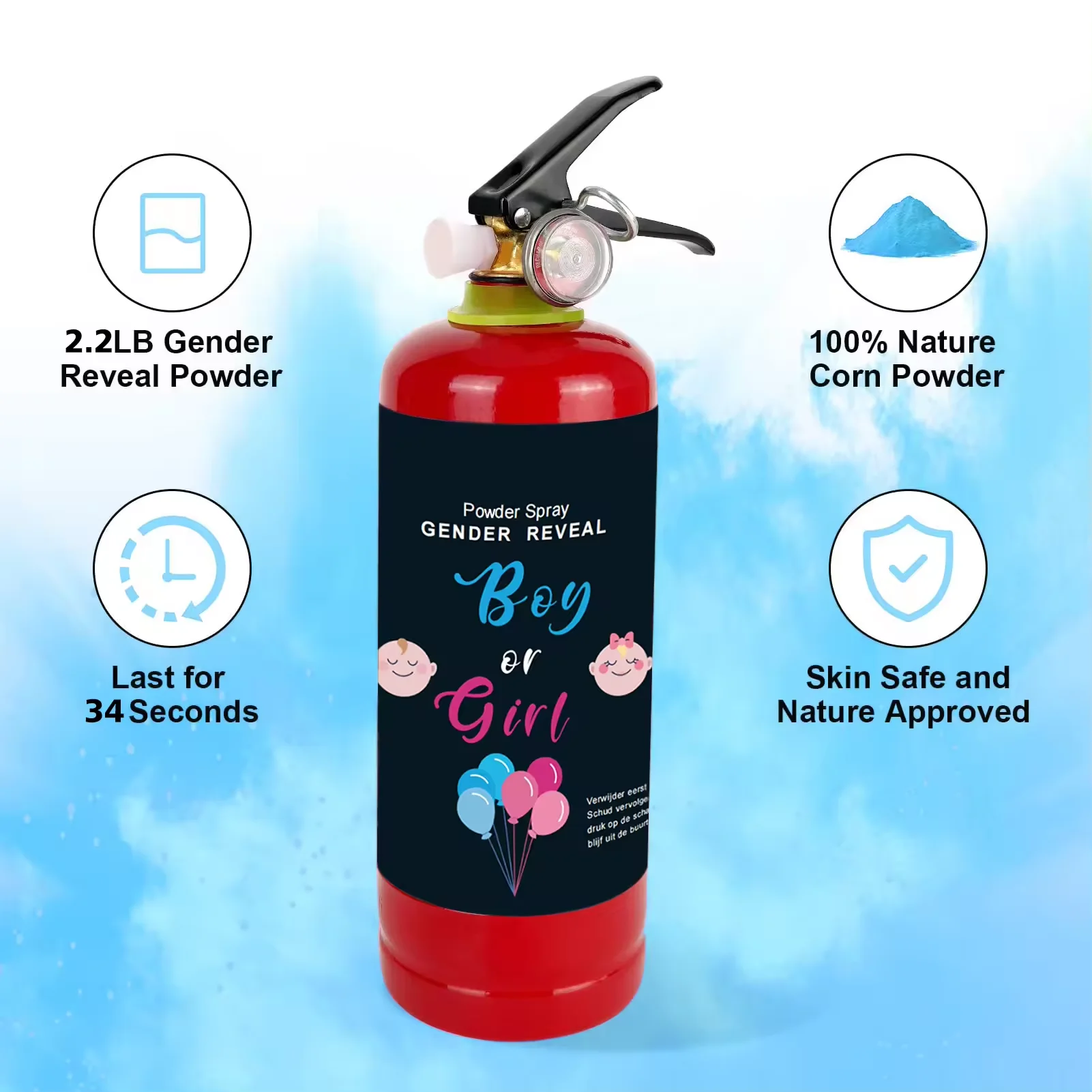 Big Holi Gender Reveal Girl or Boy Baby Shower Biodegradable 500g Party Extinguisher Powder Smoke Blaster Spray