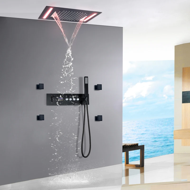 20*14Inch Matte Black Rainfall Shower System LED Constant Temperature Digital Display  Bathroom Full Shower Set