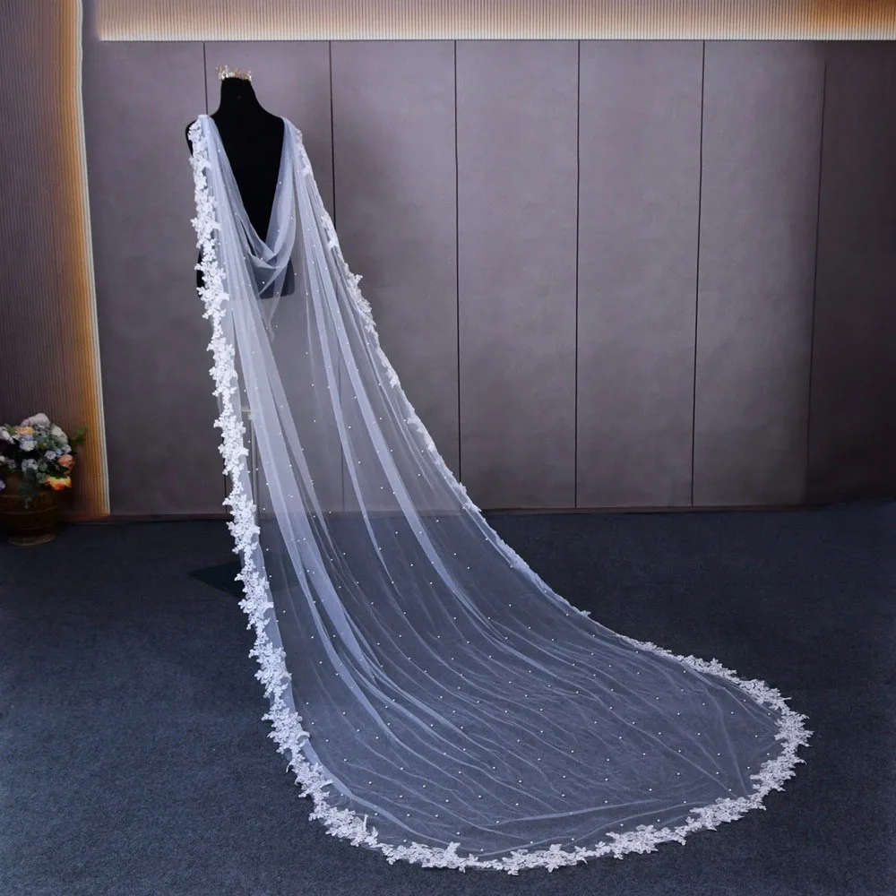 Y-Z New bride wedding long veil vintage creamy white pearl tail lace shawl bead accessories