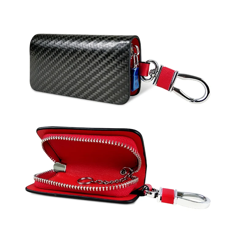 
custom logo carbon fiber leather car key wallet with keychain 