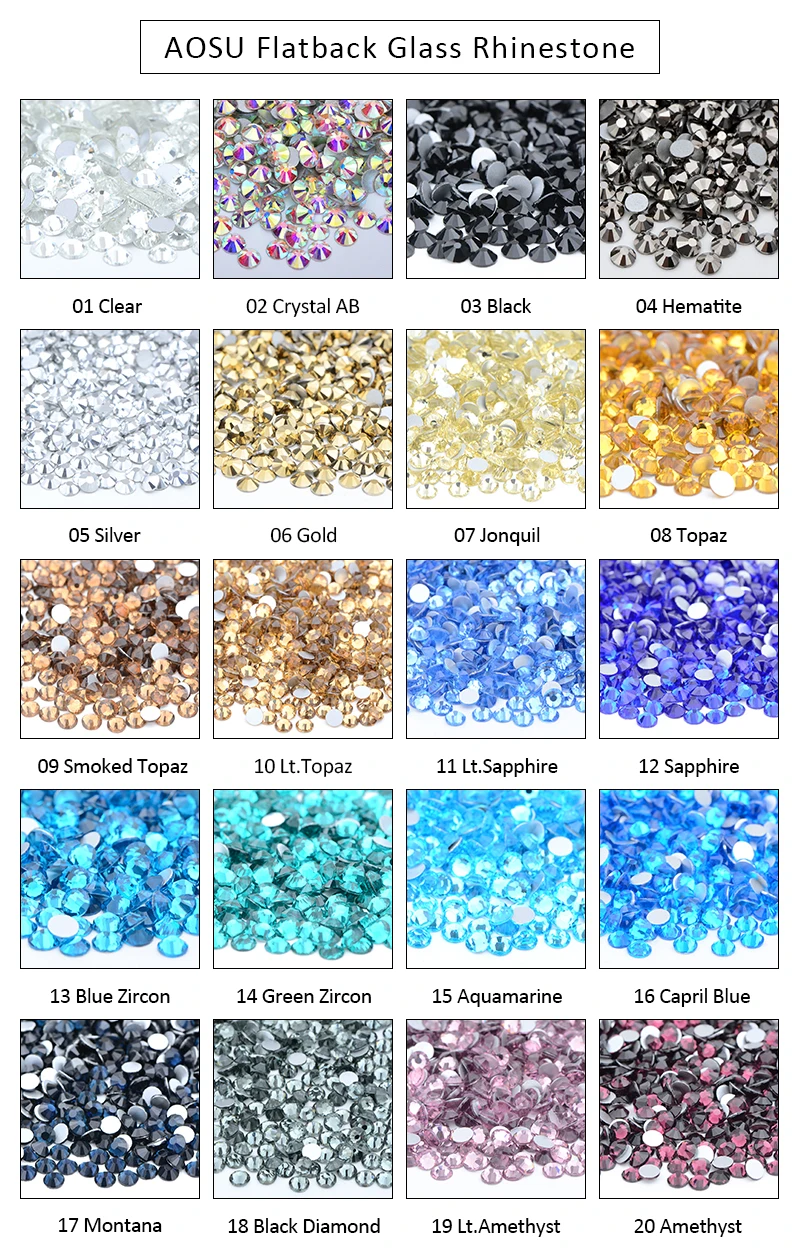 AOSU Top Quality SS3 SS6 SS16 SS20 Transparent AB Diamond Strass Flatback Crystal Stones Glass Nail Rhinestone For Dress