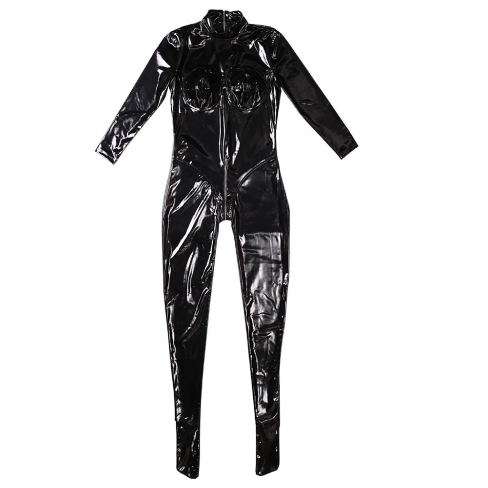 sexy corset tight mirror zipper open crotch jumpsuit leather suit pu bright bodysuit costume erotic black latex