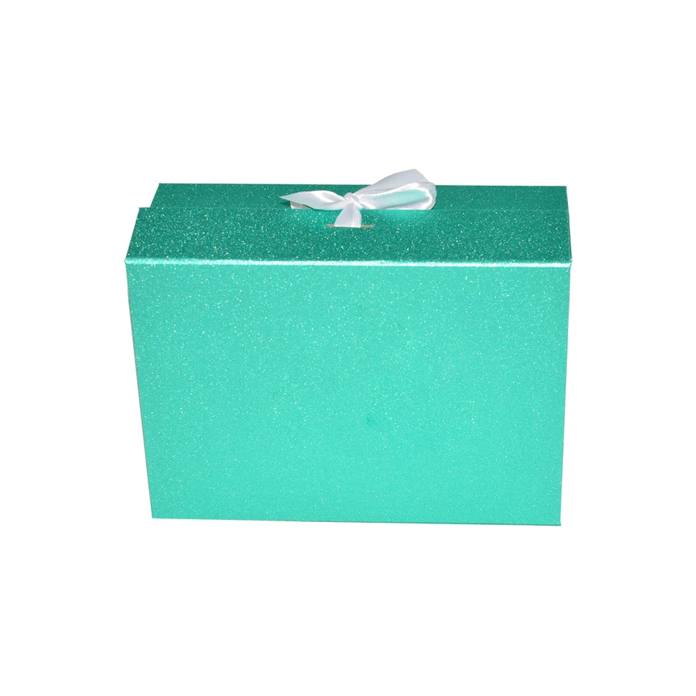 Customized Holographic Logo A5 Deep Blue Glitter Paper Cardboard Box Collapsible Folding Magnets Gift Box with Ribbon Closure