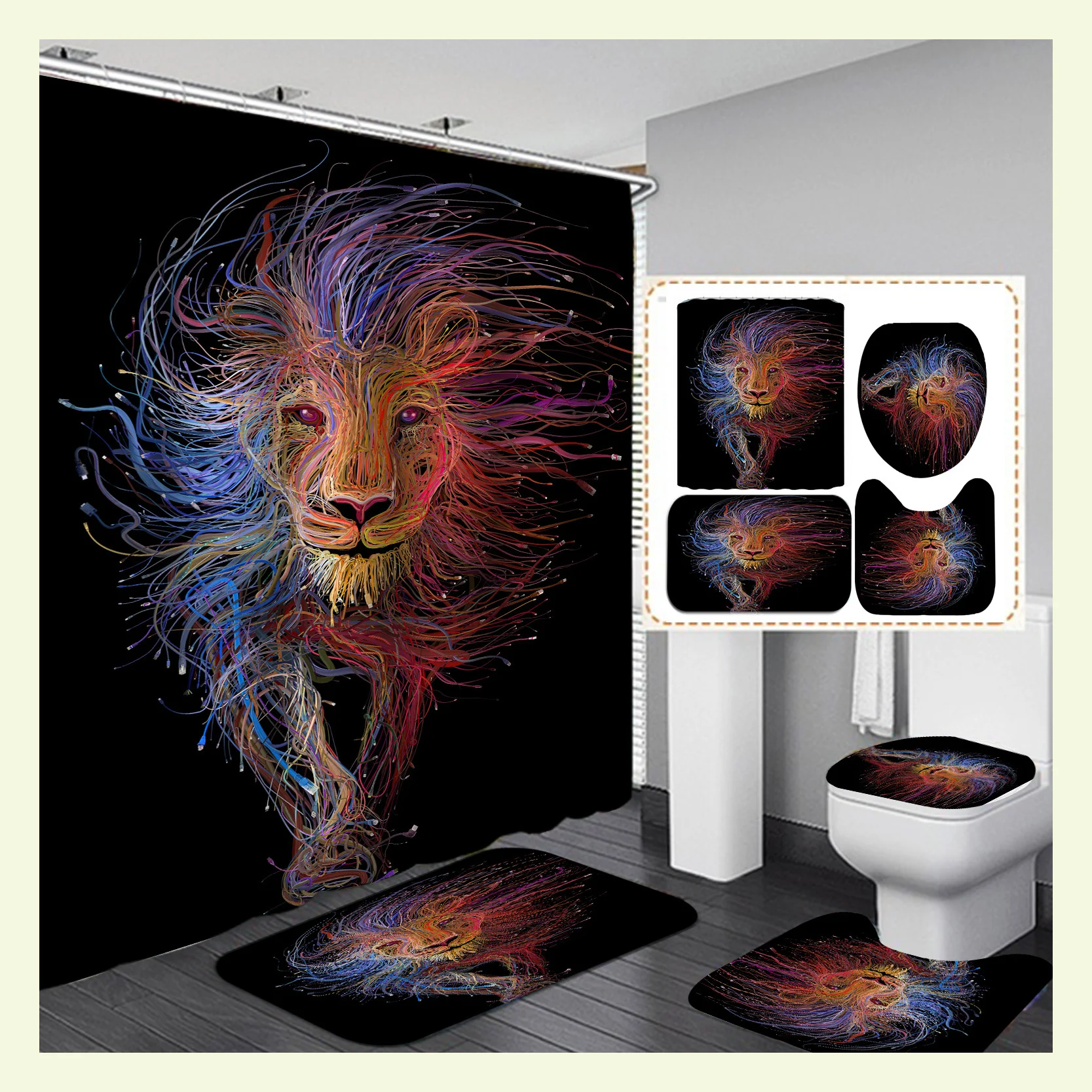 2021 New Hot Products Animated Lion Head Animated Animal Shower Curtain with Bathroom Set