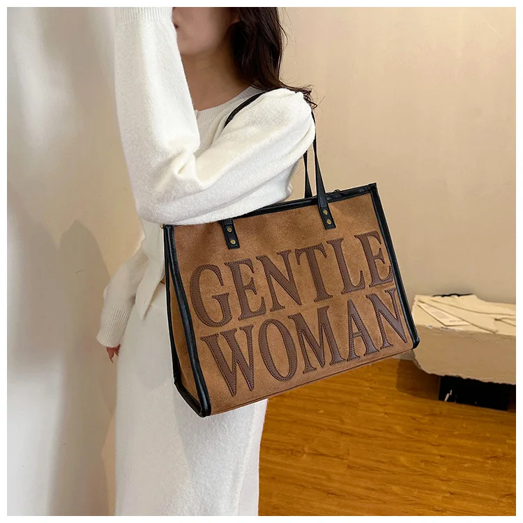 Good Quality Thai Gentle Woman Embossed Letter Suede Tote Bag