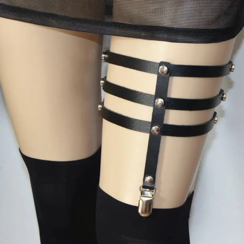 Women Fashion Rock Anime Hip-Hop Punk Gothic Leather harness Three-Row Socks suspenders Thigh Ring Garter Belt