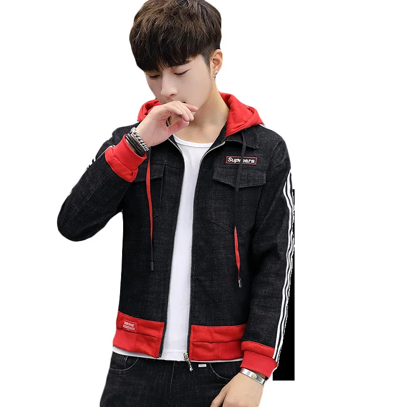 Chinese factory red jeans men shirts black jacket men jean jacket set
