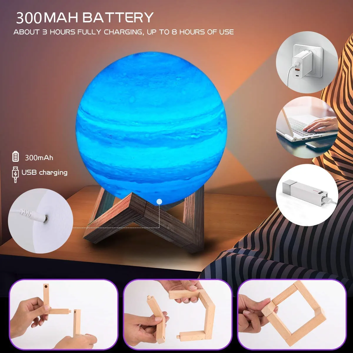16 Color 3D Printing Moon Lamp Solar System 8 Planets Table Lamp with Remote Control LED Jupiter Lamp Rechargeable Night Light