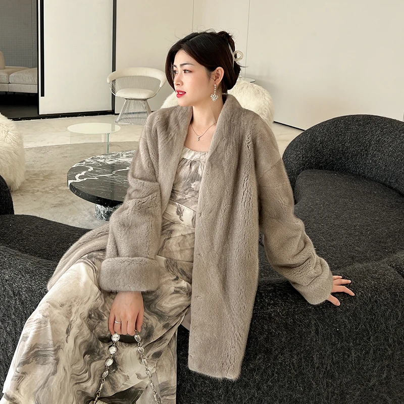 Winter Mid Length V Neck Long Sleeves Solid Color Fashionable Luxury Real Mink Fur Coat Women