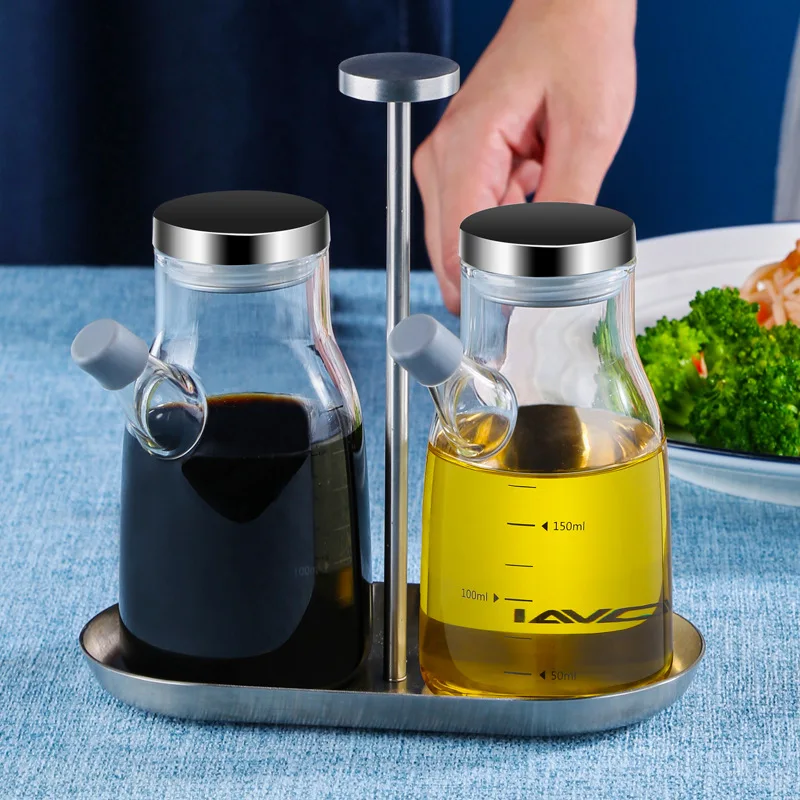  200ml+200ml Kitchen Cooking Clear High Borosilicate Glass Vinegar Sauce Condiment Olive Oil Bottle Cruet Dispenser Set with