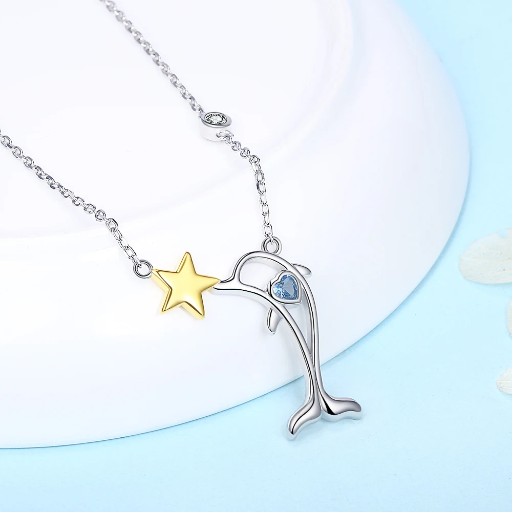 925 Sterling silver blue zircon pave cute animal dolphin star pendant necklace for women gift